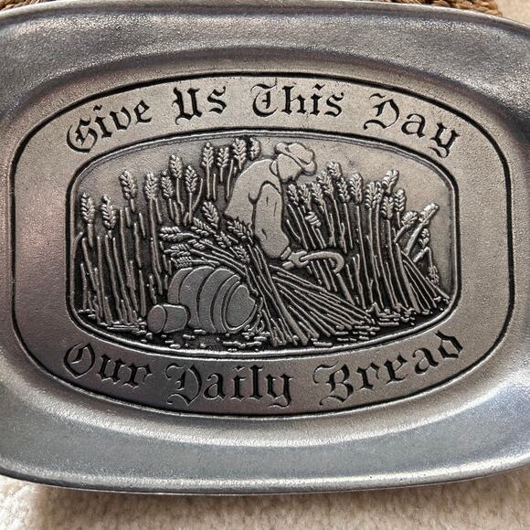 Vintage Pewter Tray with Give Us this Day Phrase and Farmer Working in Field - Picture 4 of 10